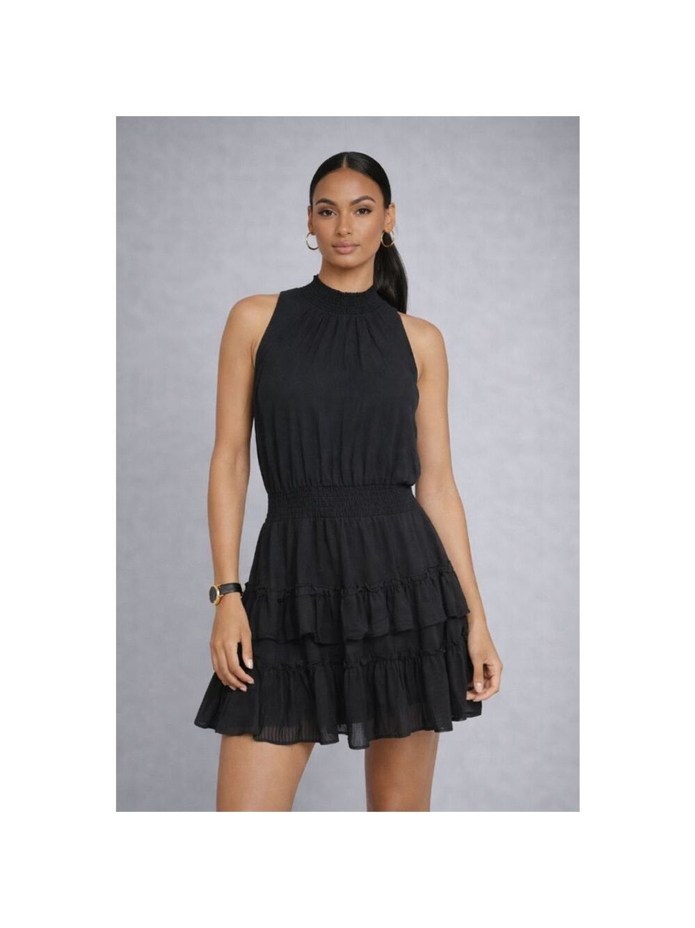 1.State Black Tiered Ruffle Dress Smocked Waist Sleeveless Size L